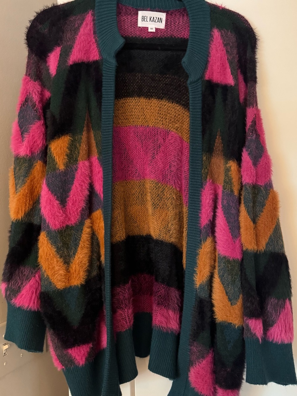 Multicolor Fuzzy Open-Front Sweater - Pink/Teal/Gold/Black
